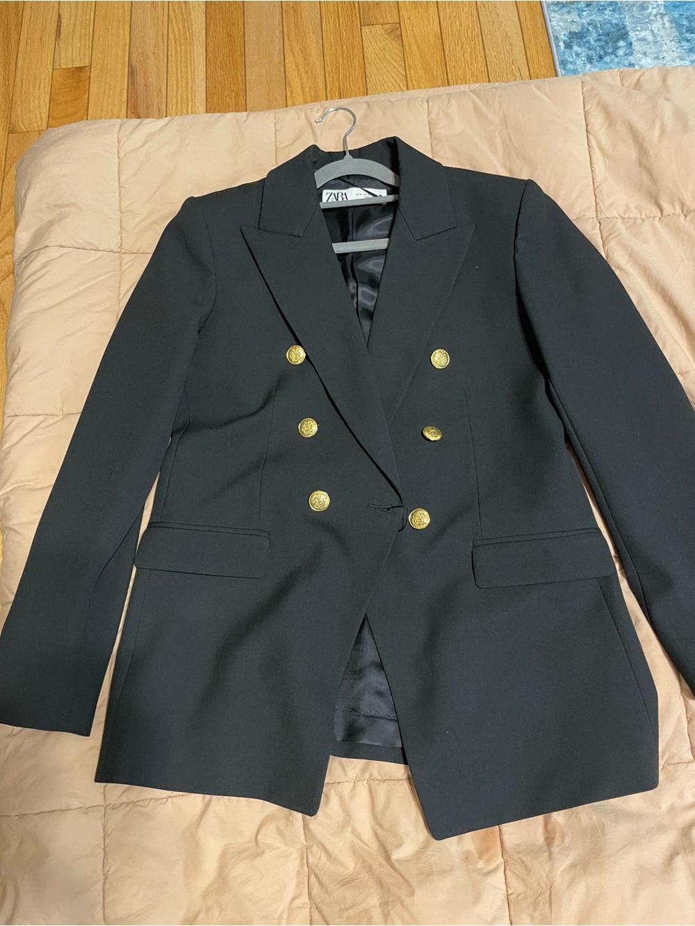 Zara Black Double-Breasted Blazer with Gold Buttons